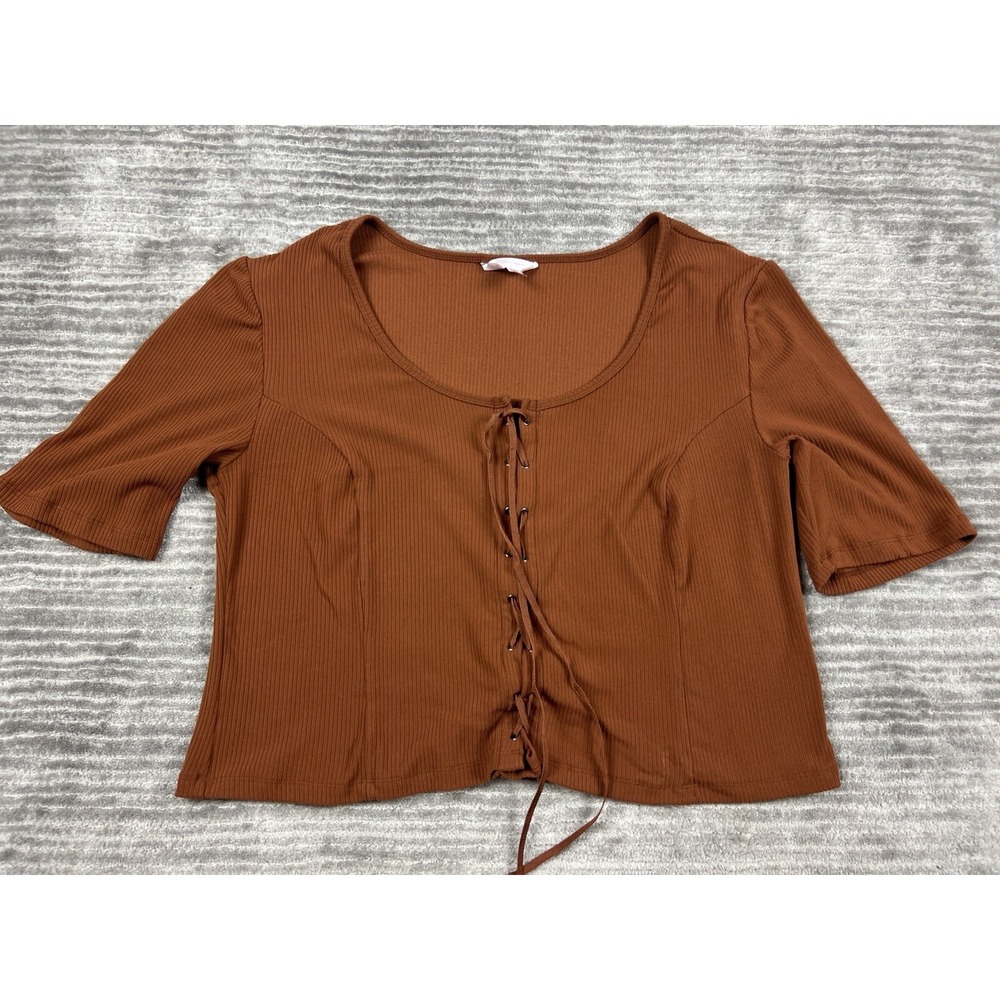 No Boundaries Top Juniors 3XL 21 Brown Shortsleeve Ribbed Cropped Tie